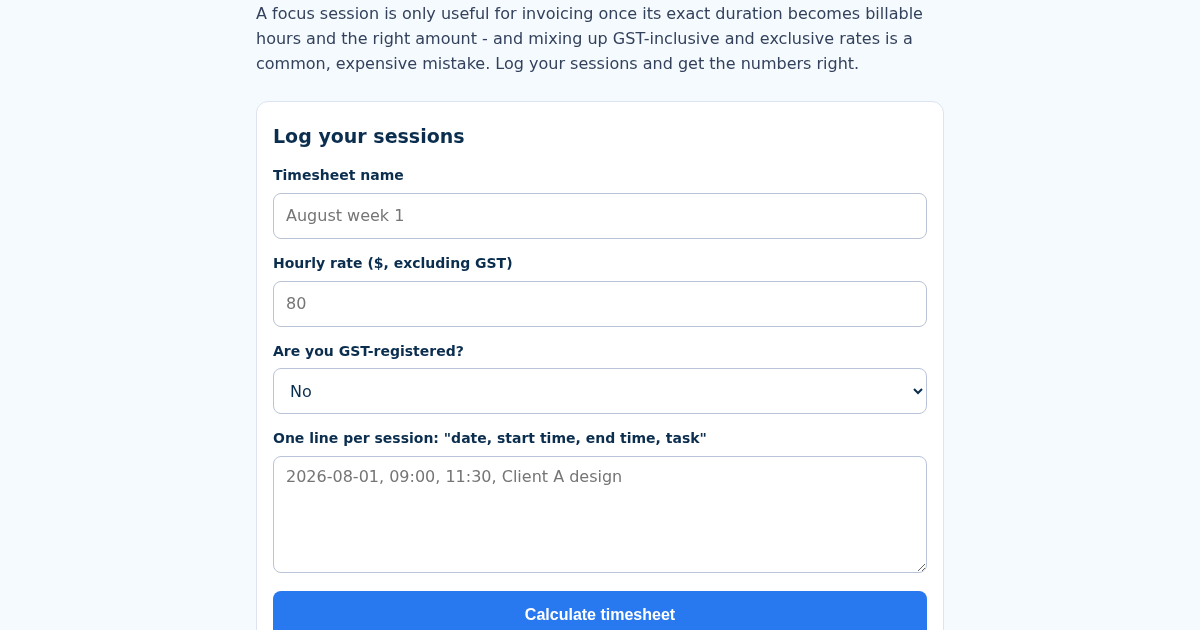 AUTimesheet: Focus Timer Timesheet with Automatic GST Invoice Export
